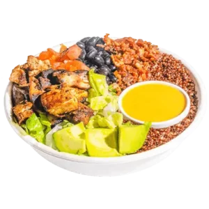 SoFresh Healthy Bowl combining fluffy quinoa with extra crisp romaine lettuce, savory bacon, protein-rich black beans, fresh tomatoes, creamy avocado, and a drizzle of citrus agave mustard, topped with a tender fire-braised chicken thigh for a flavorful and nutritious meal